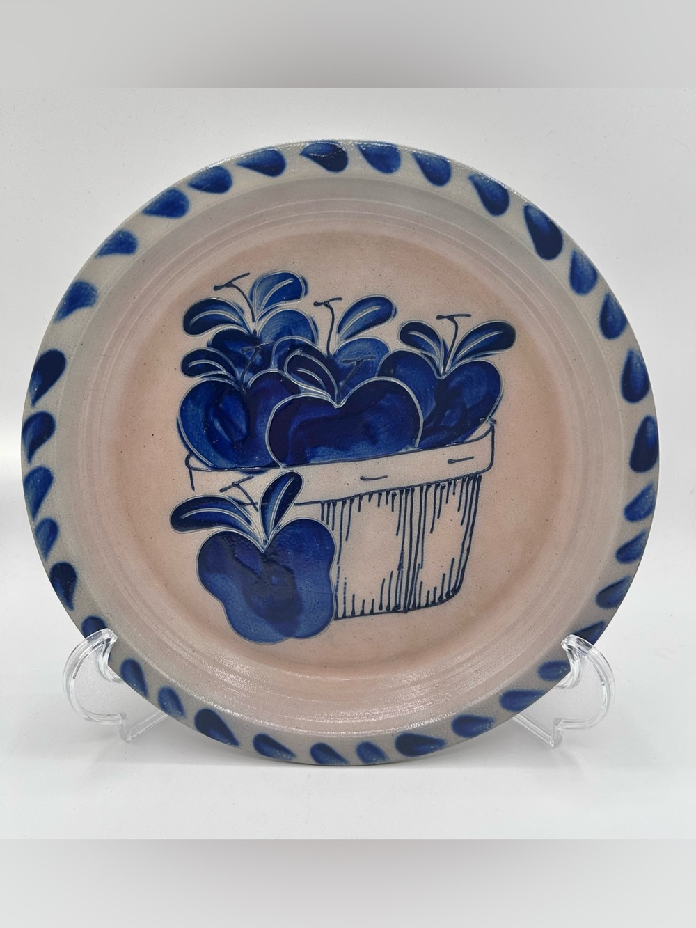 Vintage 92’ Eldreth Pottery Apple Basket Pie Dish Blue Folk Art Stoneware 11”